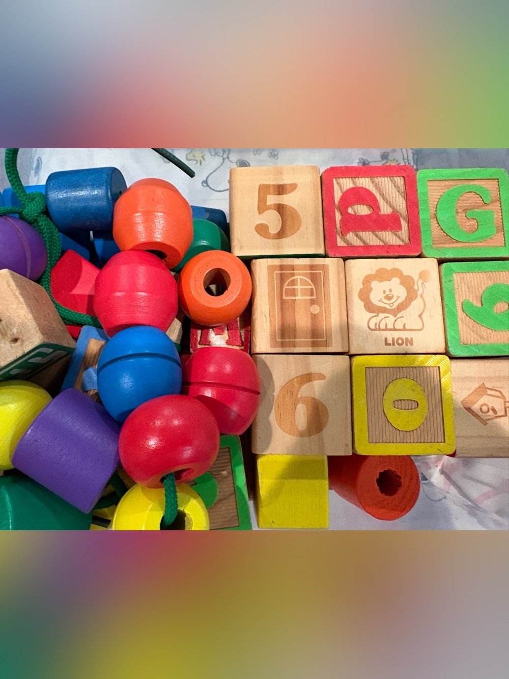 Wooden Bead Lacing Toy and Alphabet Number Blocks - Multicolor